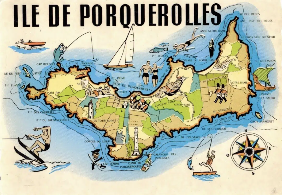 map Porquerolles island expenature map teambuilding activity treasure hunt orientation iques secrètes à Porquerolles Escapade nature île Porquerolles Beach and turquoise sea Rocky coast Panorama sunset Porquerolles Secluded beach and coves